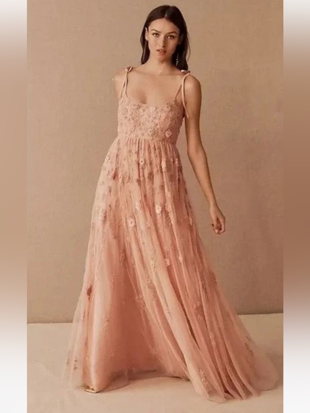 BHLDN Anthropologie Lacie Tulle Maxi Dress Floral beaded appliqués  Size 4 Green